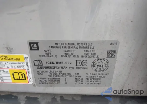 2015 Chevrolet Traverse 2Lt from USA, damaged, VIN 1GNKVHKDXFJ317562